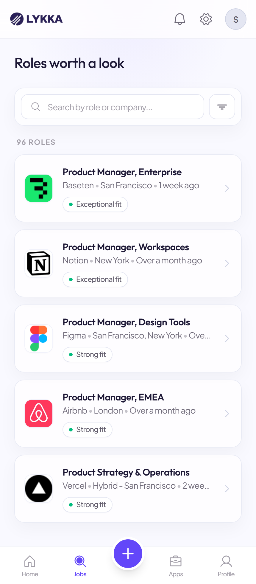 The Lykka mobile job list showing product roles from Baseten, Notion, Figma, Airbnb, and Vercel with exceptional and strong fit labels