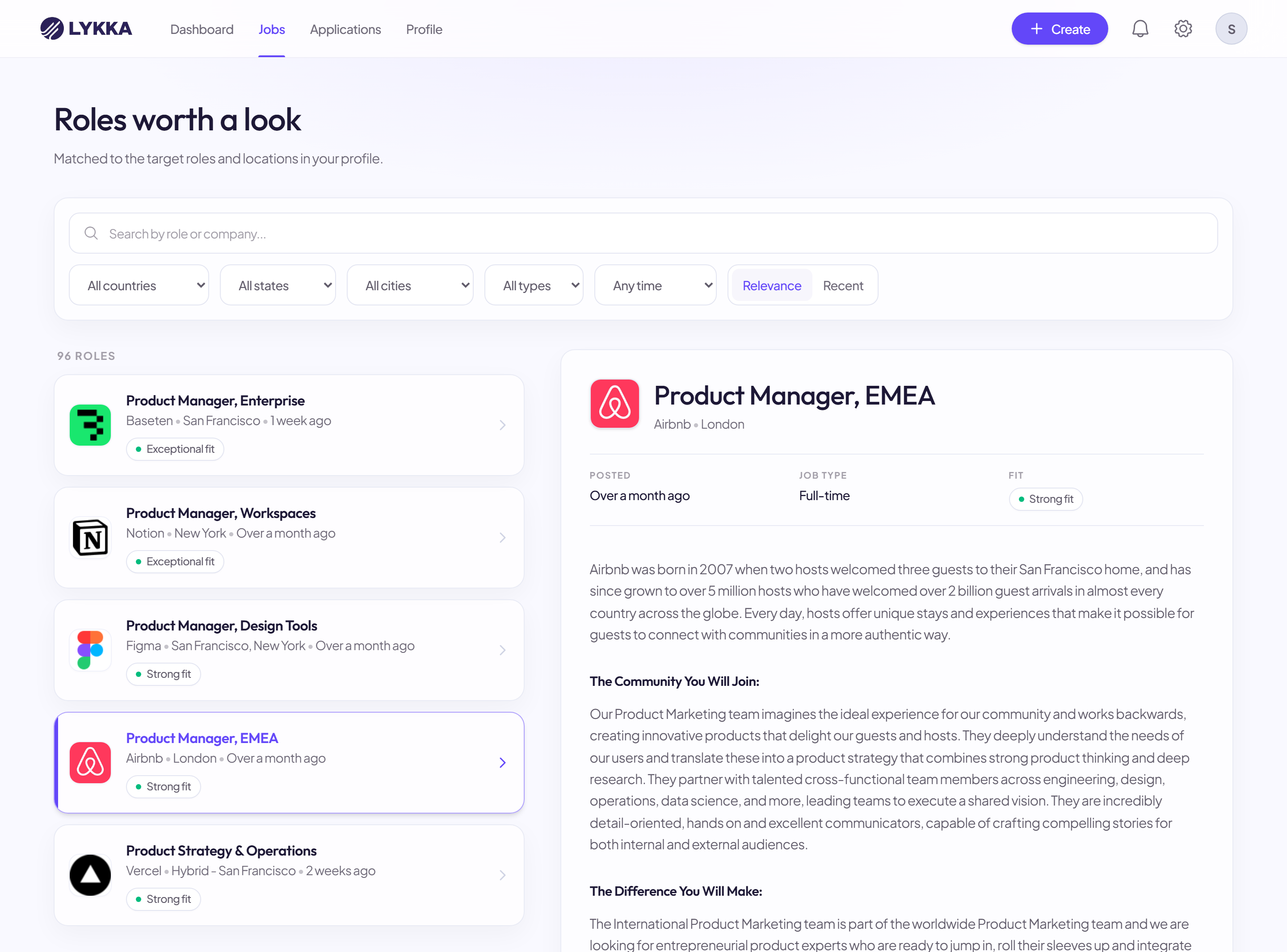 Lykka job list showing product roles from Baseten, Notion, Figma, Airbnb, and Vercel with exceptional and strong fit labels, filters, and a job description preview pane