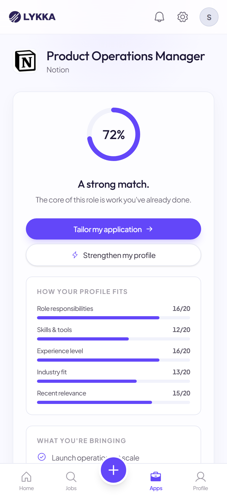 The Lykka mobile match check for a Product Operations Manager role at Notion: a 72% strong match with a breakdown of how the profile fits