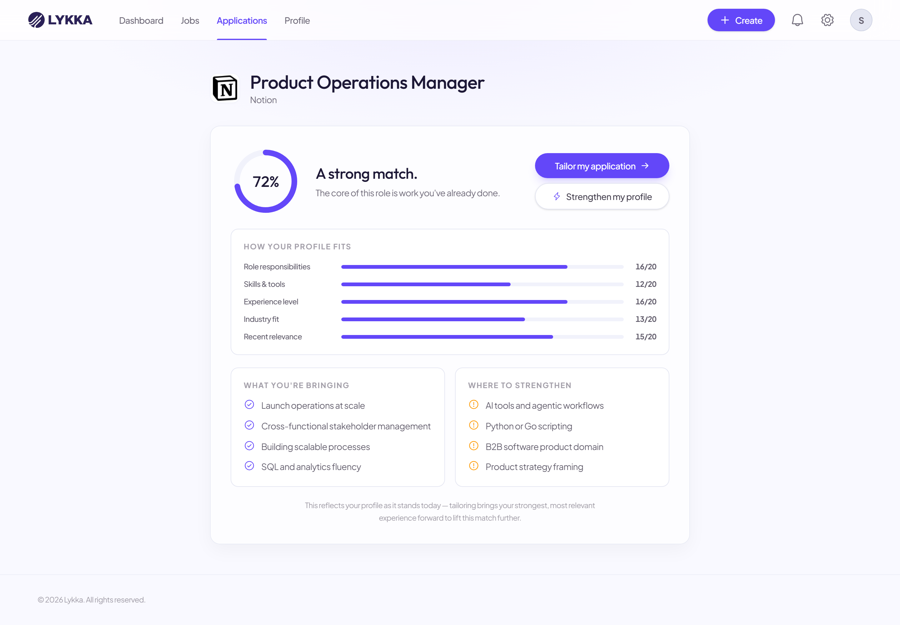Lykka match check for a Product Operations Manager role at Notion: a 72% strong match with a five-dimension breakdown of how the profile fits, what you're bringing, and where to strengthen