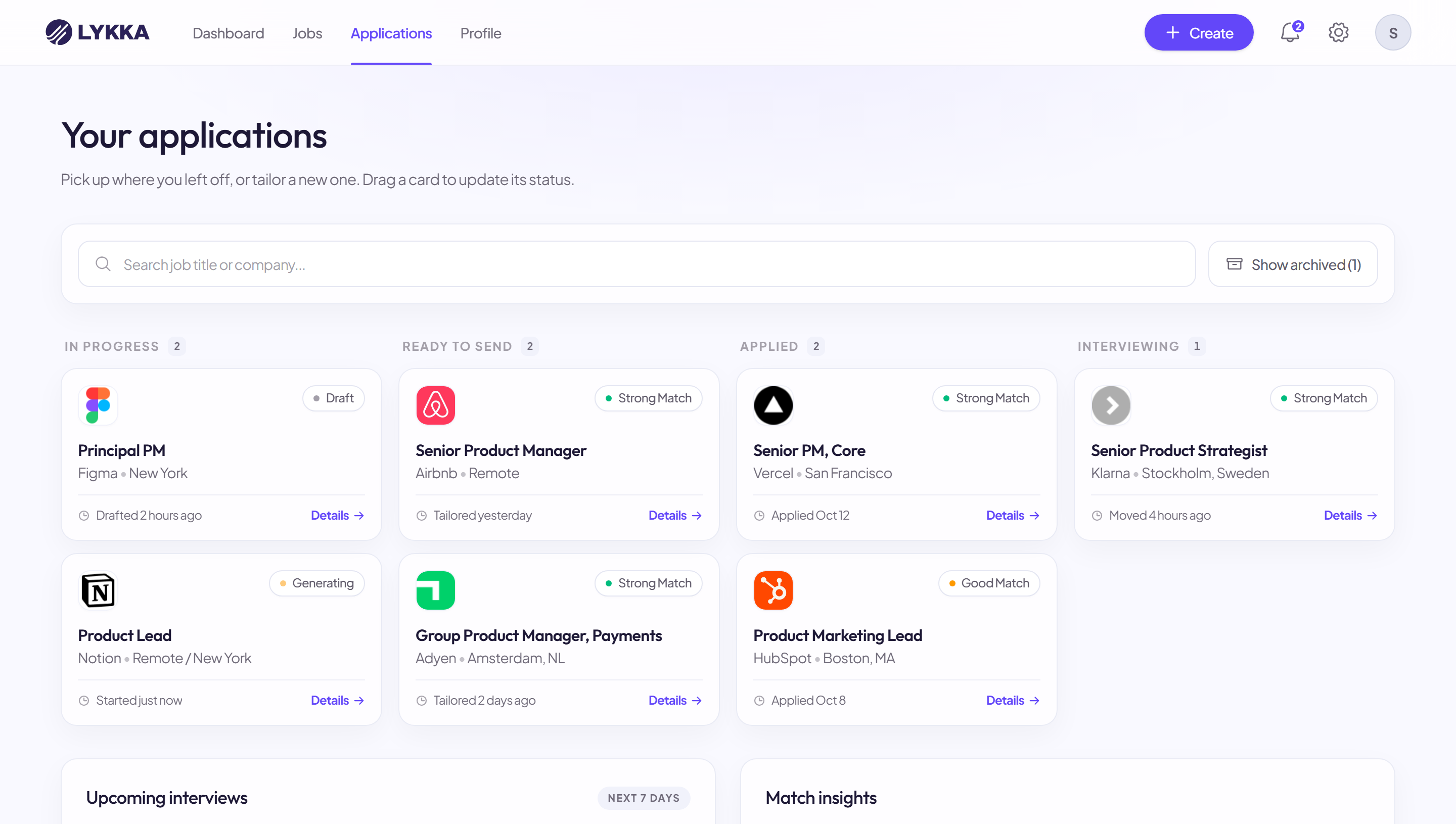 Lykka applications pipeline with status lanes for in progress, ready to send, applied, and interviewing