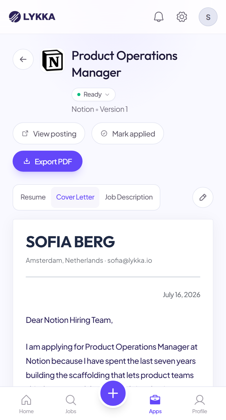 The Lykka mobile workspace on the cover letter tab: a tailored cover letter for a Product Operations Manager role at Notion
