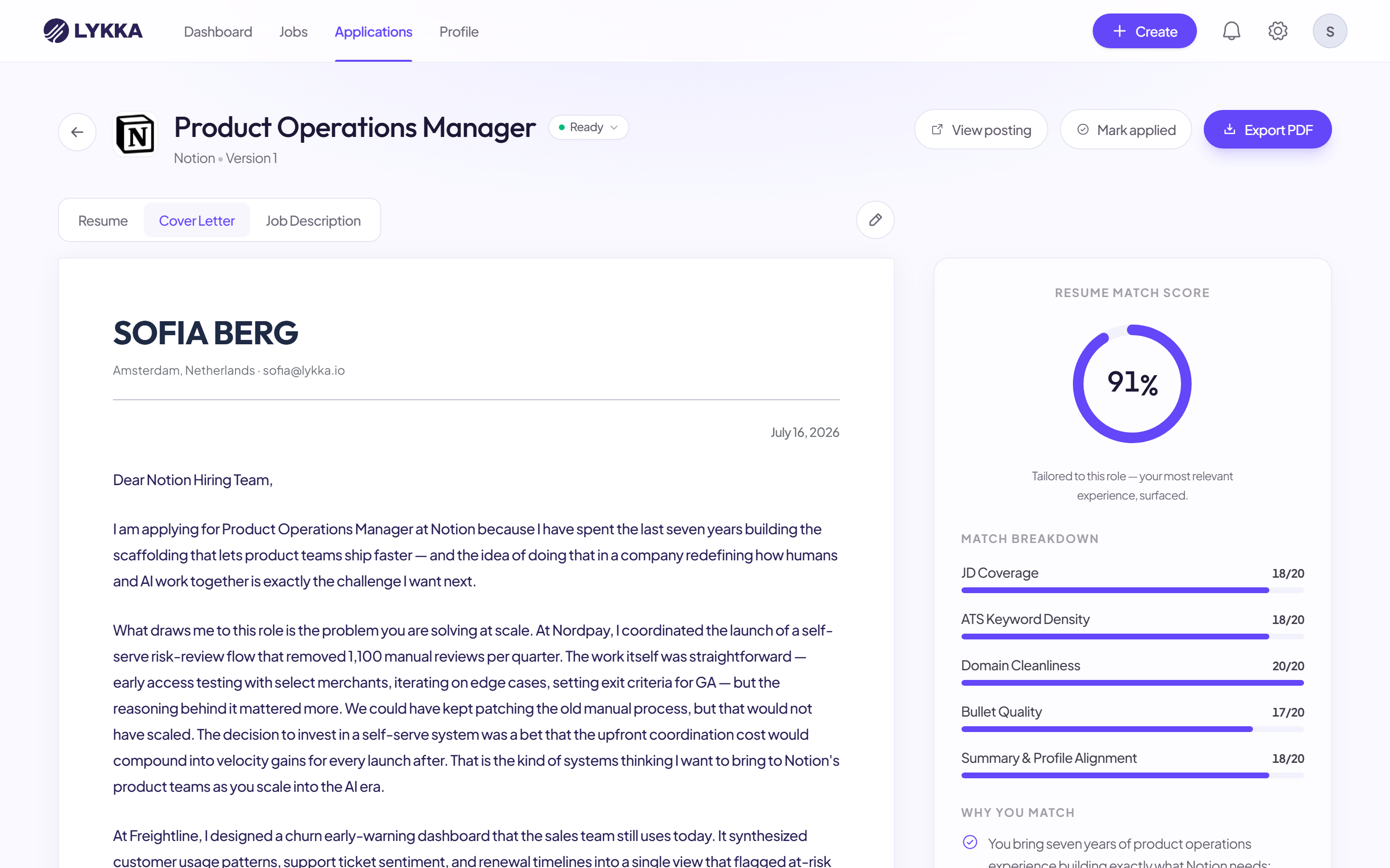 Lykka workspace on the cover letter tab: a tailored cover letter for a Product Operations Manager role at Notion beside the 91% resume match score and match breakdown